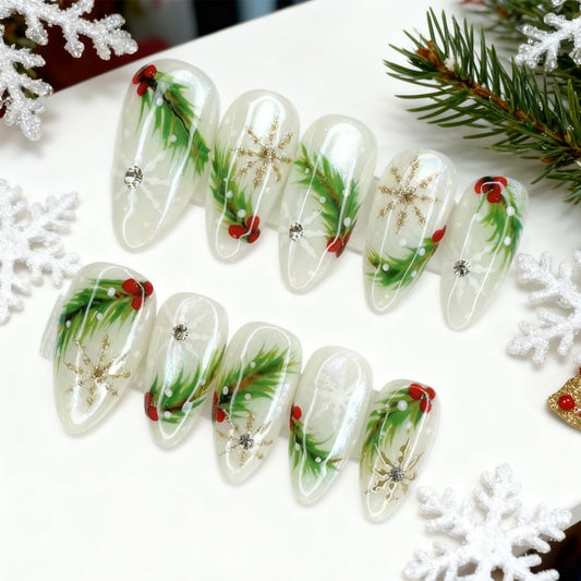 24Pcs Christmas Press on Nails Medium Almond Gold Snowflake Fake Nails with Diamond Designs Christmas Holly Acrylic Nails Winter Snowflake False Nail Tips Xmas Full Cover Glue on Nails for Women