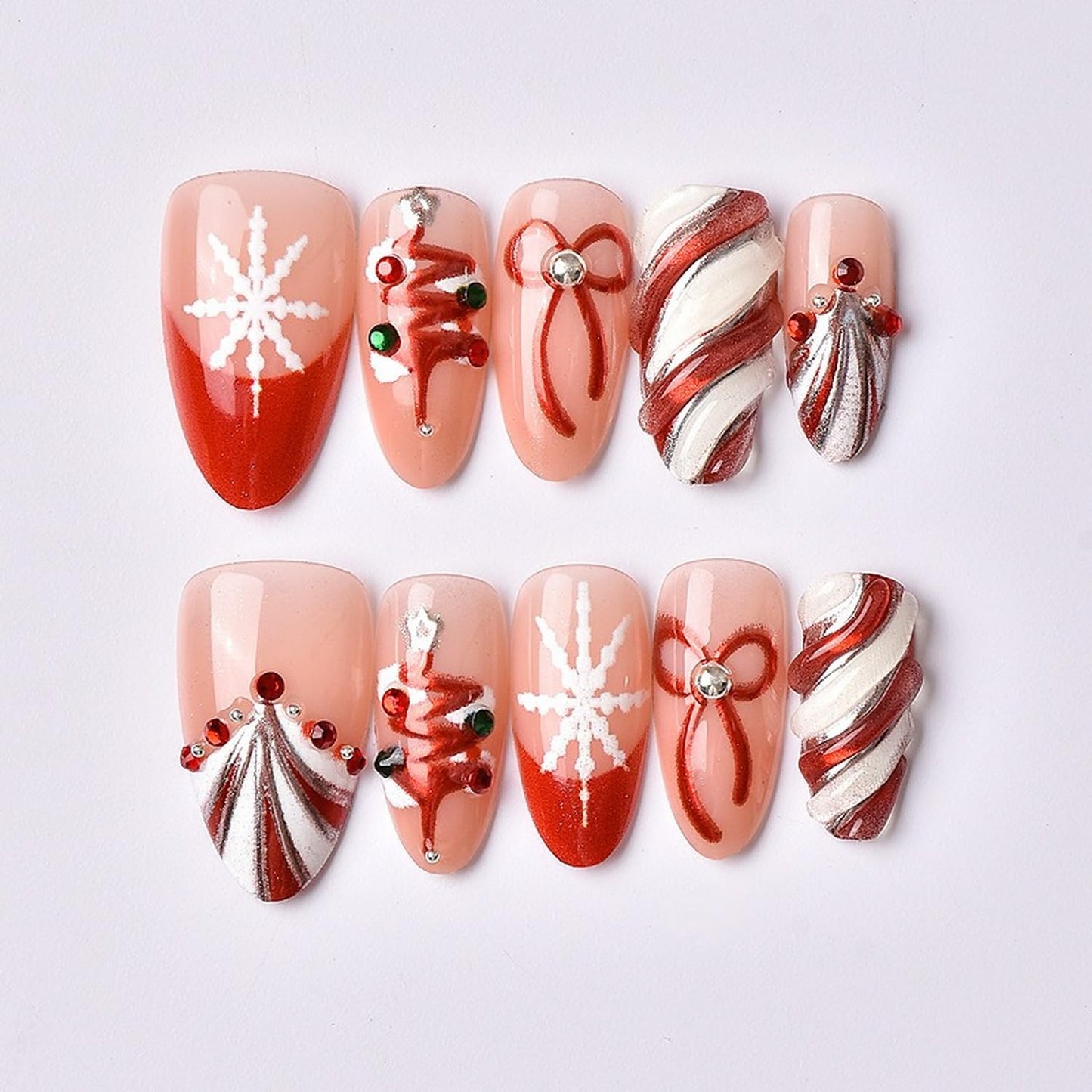 24 Pcs Christmas Press on Nails Medium Almond Fake Nails with French Snowflake and Bow Design Red White False Nails Christmas Tree Manicure Acrylic Nail Full Cover Artificial Nail for Women