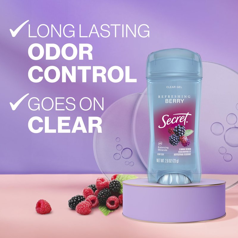 Secret Fresh Antiperspirant Deodorant for Women, 72hr Breathable Sweat & Odor Protection, Instant Freshness & Gentle, PH Balancing Minerals, Clear Gel, Refreshing Berry Scent, 2.6 oz (Pack of 2)