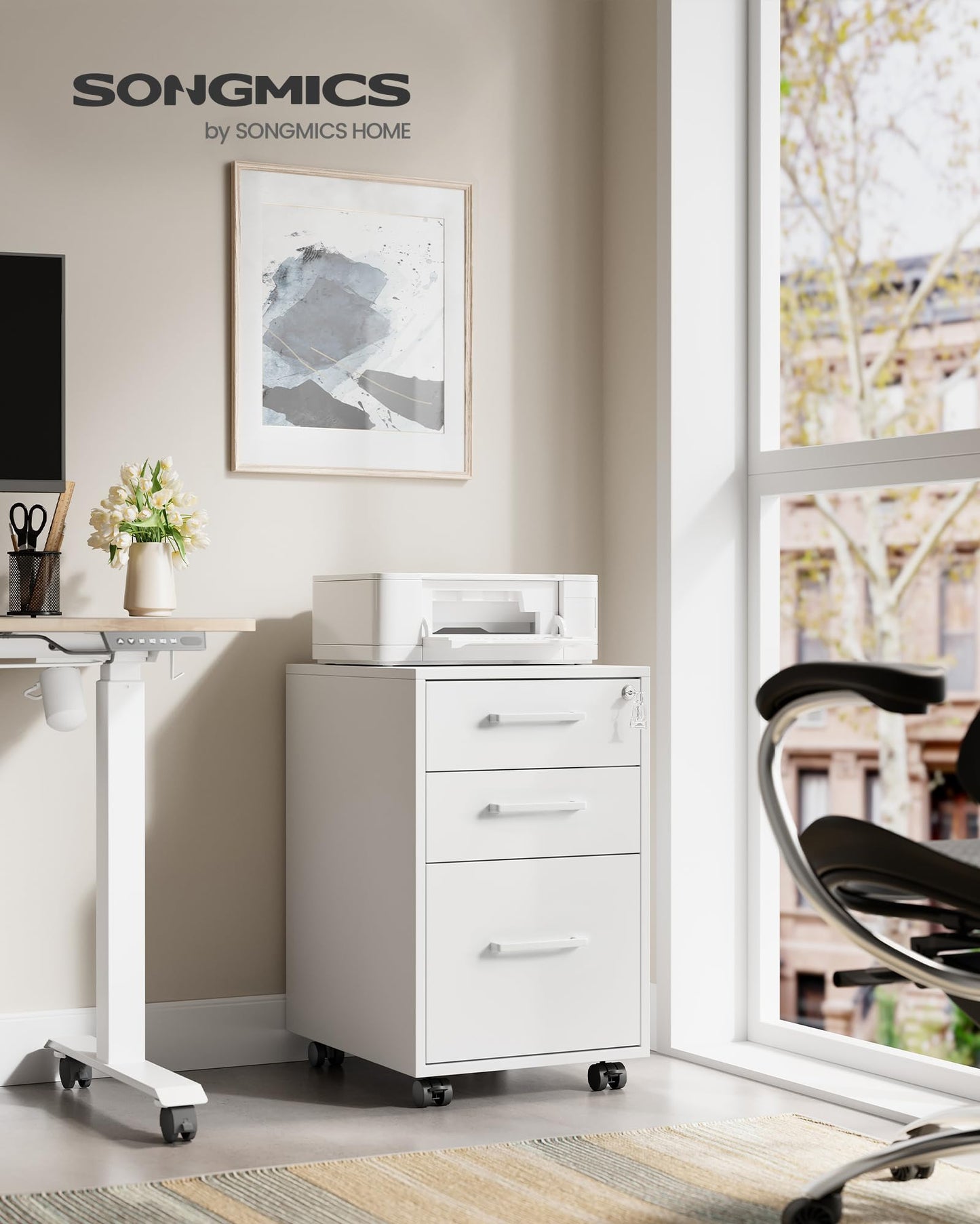 SONGMICS File Cabinet, Pre-Assembled Except Wheels and Handles, Office Filing Cabinet with Lock, for A4, Legal, Letter Sized Documents, 17.7 x 14.4 x 23.6 Inches, Matte White UOFC110W02
