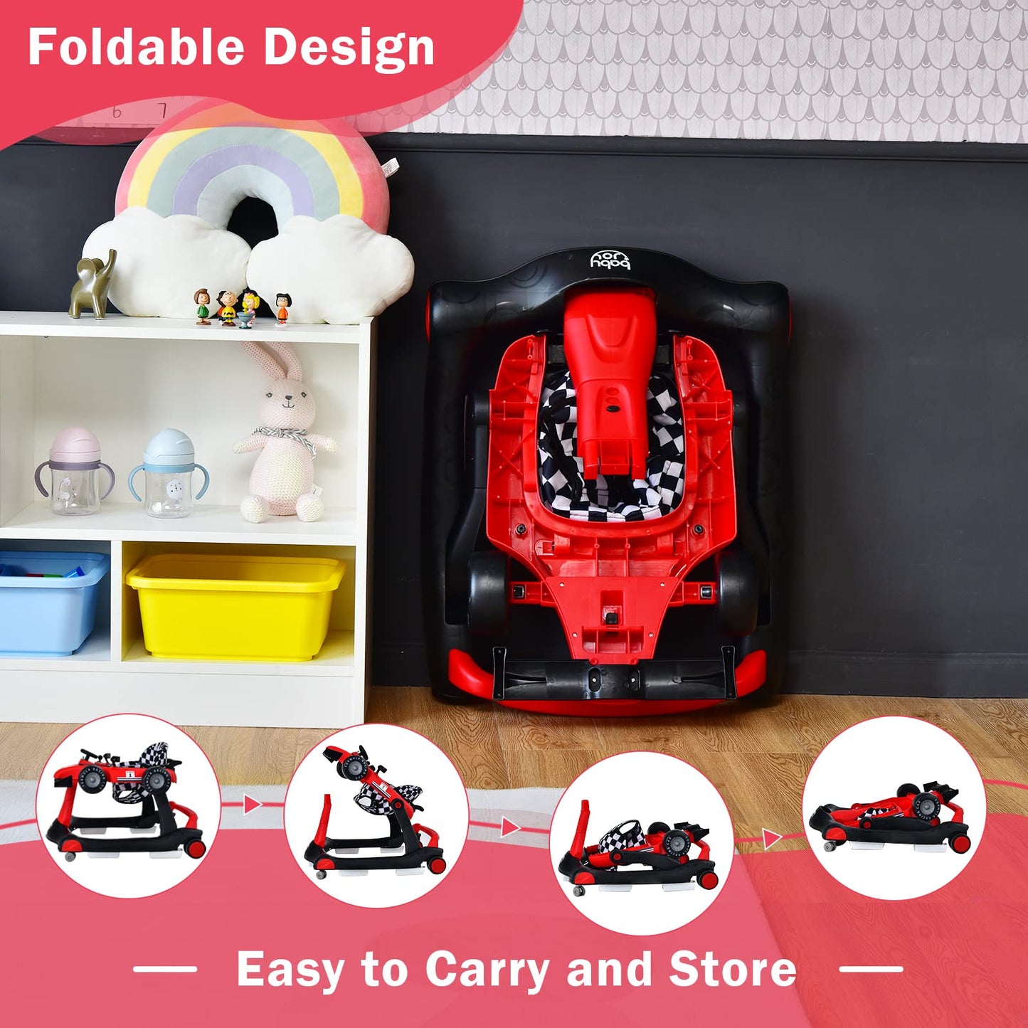 BABY JOY 4-in-1 Baby Walker, Foldable Activity Walker with Adjustable Height & Speed, Music, Lights, Anti-Rollover, Toddler Push Walker, Baby Walker with Wheels for Boys Girls 6-18 Months (Red)