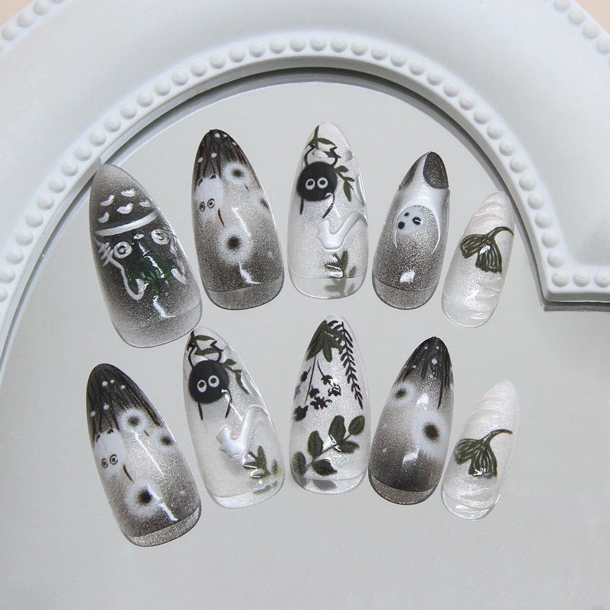 IMRAIN Press on Nails Medium Almond Fake Nails with Cute Pattern Design Glossy Black Ombre Acrylic False Nails Full Cover Glue on Nails Artificial Nail Supplies for Women Girl Nail Decoration