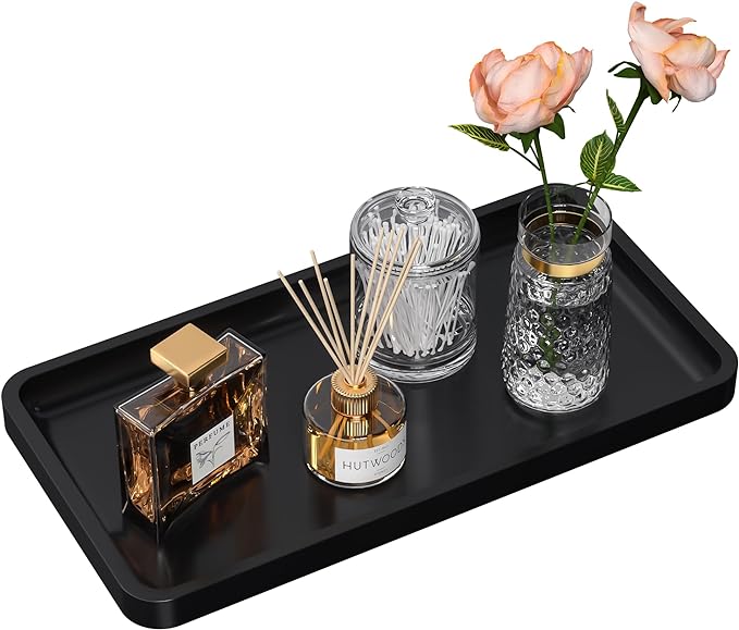 Bathroom Vanity Tray for Countertop - Bamboo Organizer Tray for Dresser Tops, Toilet, Perfume Small Decorative Tray Wood Tray for Home Decoration 11.81â L x 6.1â W x 0.79â H Black