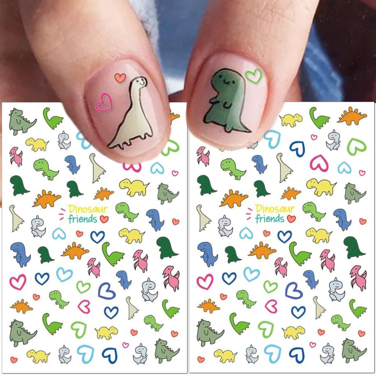 IDDFEVE Dinosaur Nail Art Stickers for Kids- Cute Cartoon Designs, 3D Self-Adhesive Heart DIY Nail Art Decals for Little Girls, Toddler (2 Sheets)