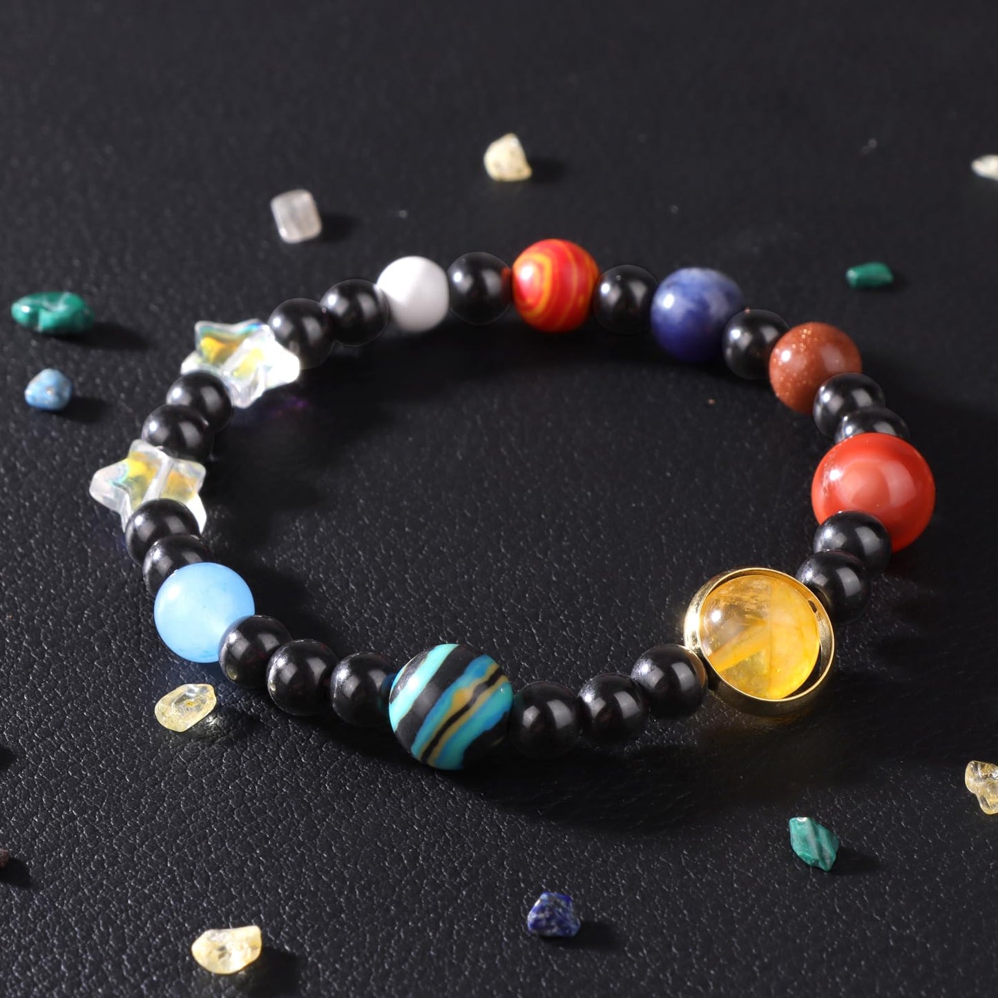 Risyfjew Solar System Eight Planets Guardian Star Bracelet Cosmic Jewelry with Natural Chakra Stones Adjustable Stretch Crystal Bracelet for Men Women Gift for Space Lovers