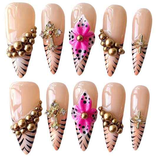 Luxury Handmade Press On Nails, Nude Pink Stiletto Tips with Gold Chains, 3D Flowers, Tiger Stripes, Reusable Acrylic False Nails (Tiger Luxe, M)