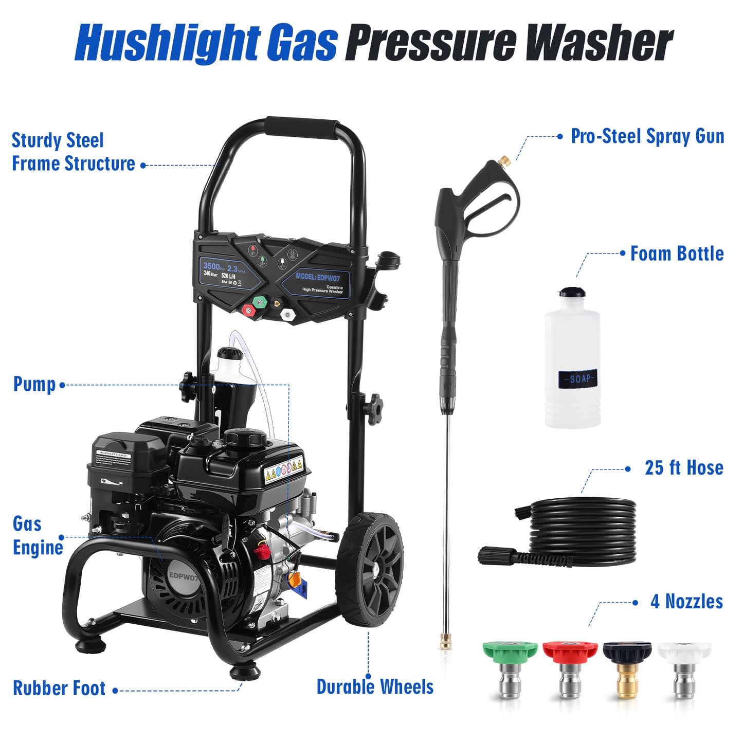 Gas Pressure Washer, 3500 PSI and 2.3 GPM High Pressure Cleaning Machine with 4 Quick Connect Nozzles & Foam Cannon, Portable Pressure Washer for Cars, Fences, Driveways, Patios, Home Cleaning