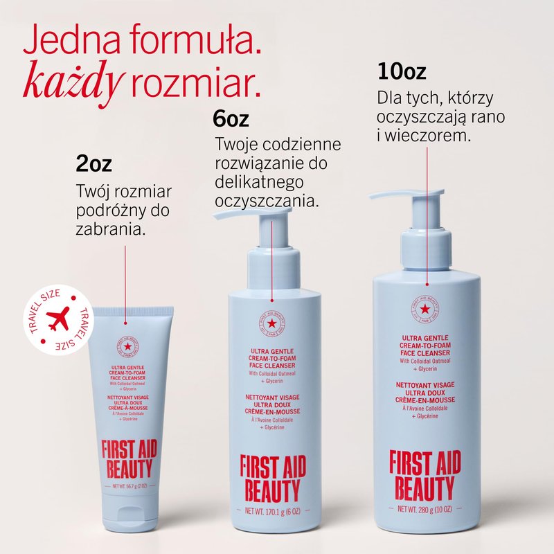 First Aid Beauty Ultra Gentle Cream-to-Foam Facial Cleanser, Fragrance Free Makeup Removing Face Wash with Colloidal Oatmeal & Glycerin, Sensitive & Acne-Prone Skin, 2 oz, Travel Size