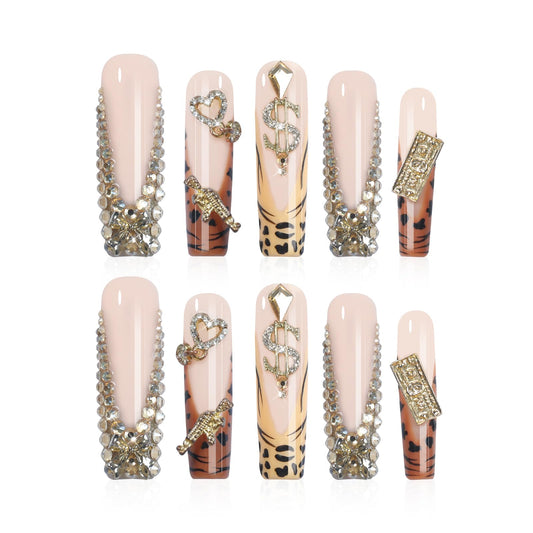 XGV Handmade Press on Nails Long Square 10pcs, Pink Fake Nails with Rhinestones, Reusable Acrylic Press on Nails for Party Salon