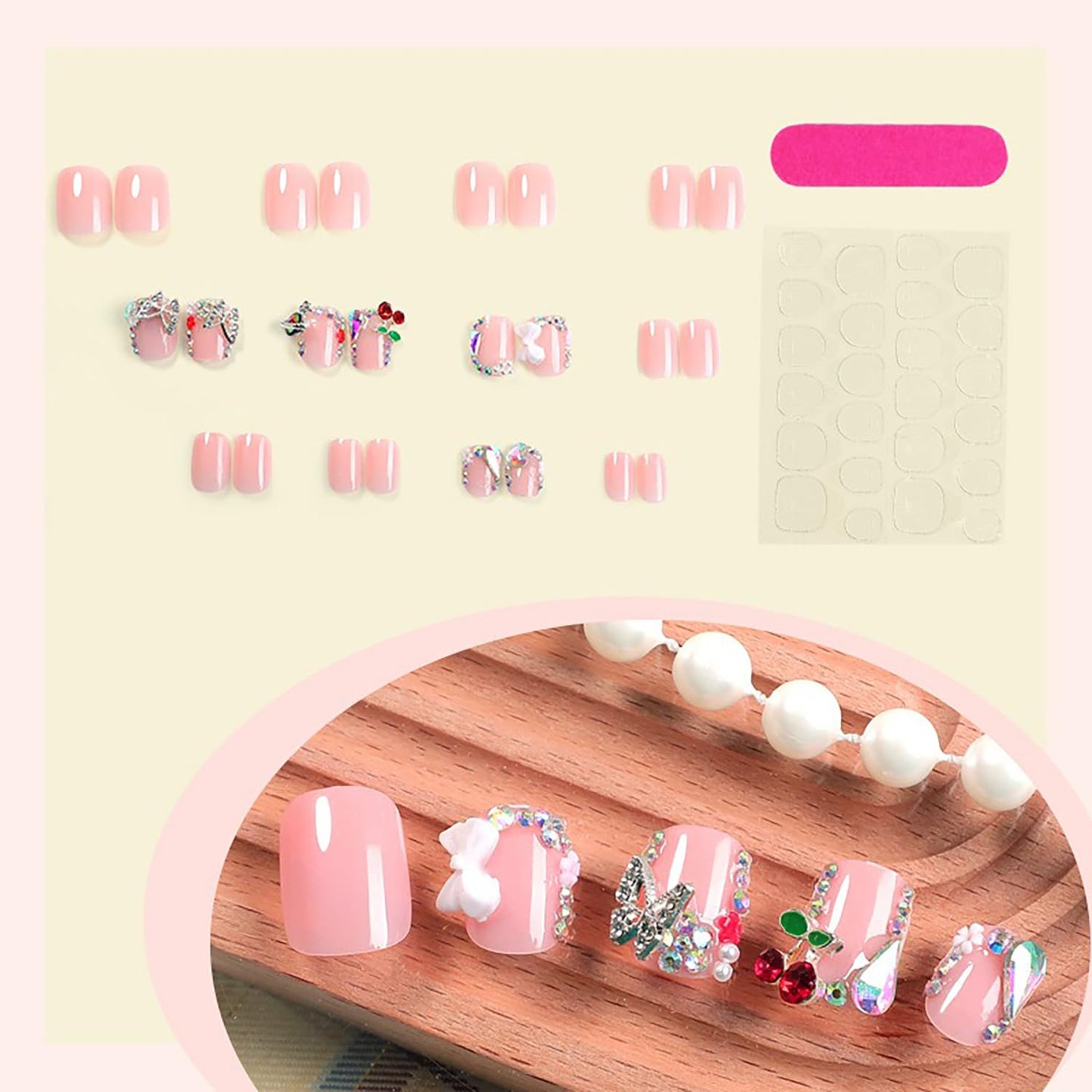 Nude Pink Press on Nails Short Square MABKJLF French Tip Fake Nails False Nails with Designs Bow Cherry Butterfly Flower Charm Rhinestones Glossy Glue on Nails Acrylic Nails for Women Girls 24 Pcs
