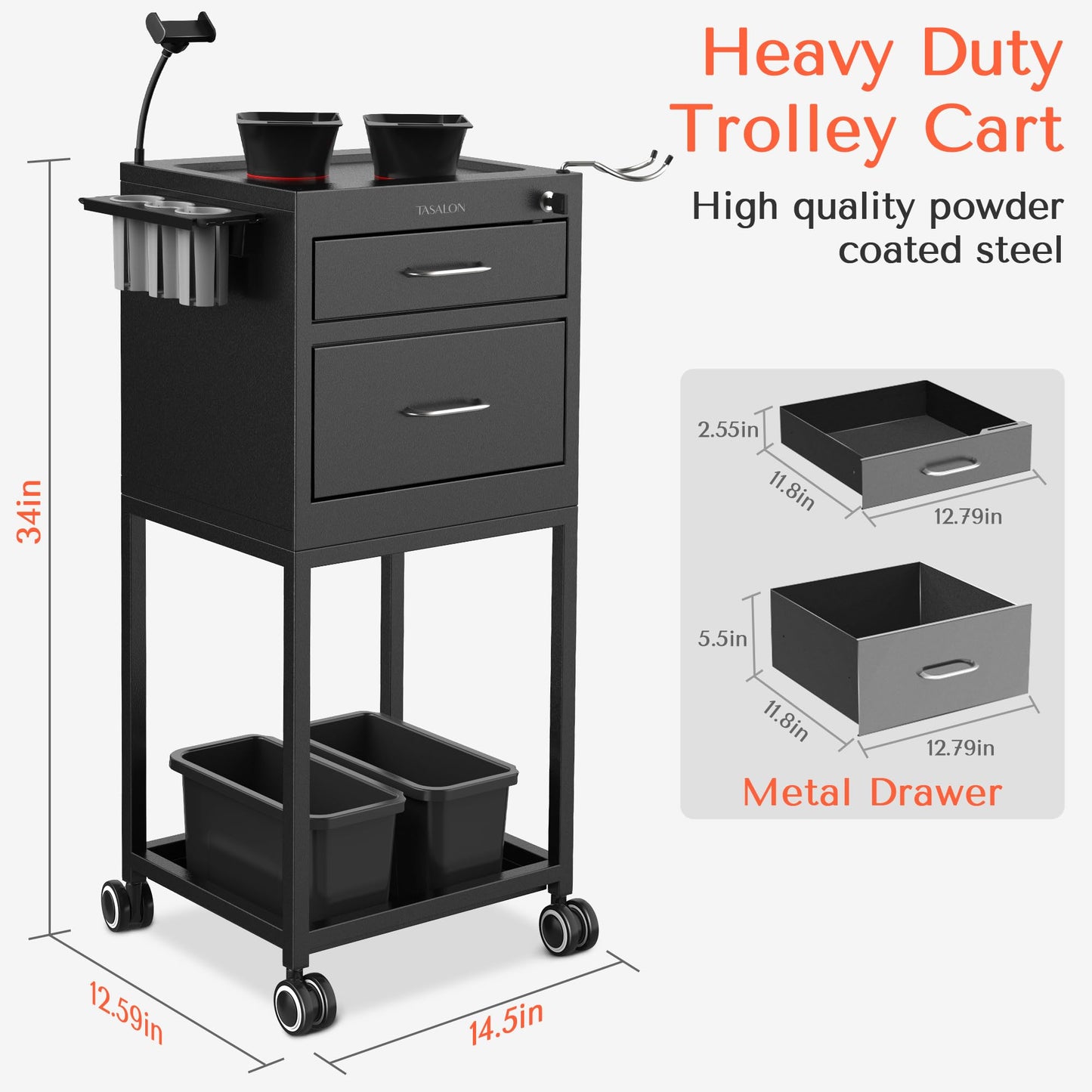 TASALON Salon Trolley Cart with Wheels, 2 Magnetic Bowls & Drawers | Mobile Hair Stylist Station for Tools Storage, Rolling Organizer Cart for Barber & Tattoo Supplies - Balck