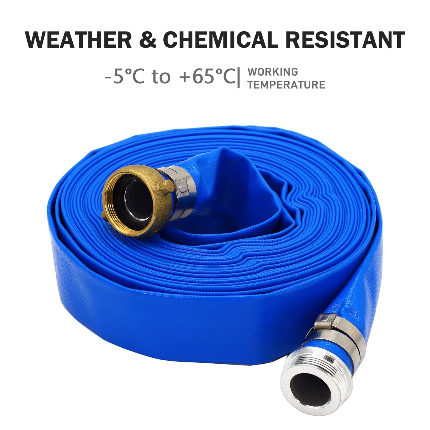 DAVCO 1" ID x 50 ft Pool Backwash Hose, Heavy Duty Reinforced Blue PVC Lay Flat Water Discharge Pump Hoses For Swimming Drain Pools and Clean Filters, With Aluminum Pin Lug Fittings