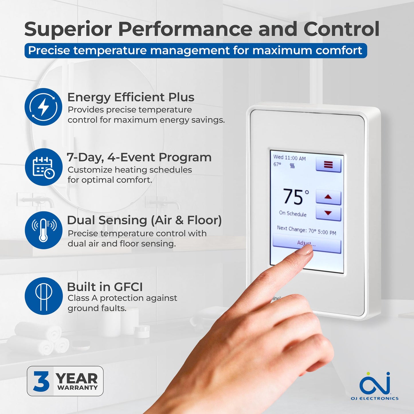 OJ Microline UDG4 Touchscreen Programmable Heated Floor Thermostat w/Class A GFCI - 120/240v Radiant Heat Thermostat - Dual Sensing - Includes Floor Sensor - 3-Year Warranty & USA Product Support