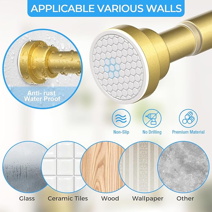 AIZESI Shower Curtain Rod 30 to 64 Inch Adjustable, 7/8" Diameter Gold Spring Loaded Curtain Rods No Drilling Tension Curtain Rods for Window, Bathroom, Doorway, Closet, Kitchen