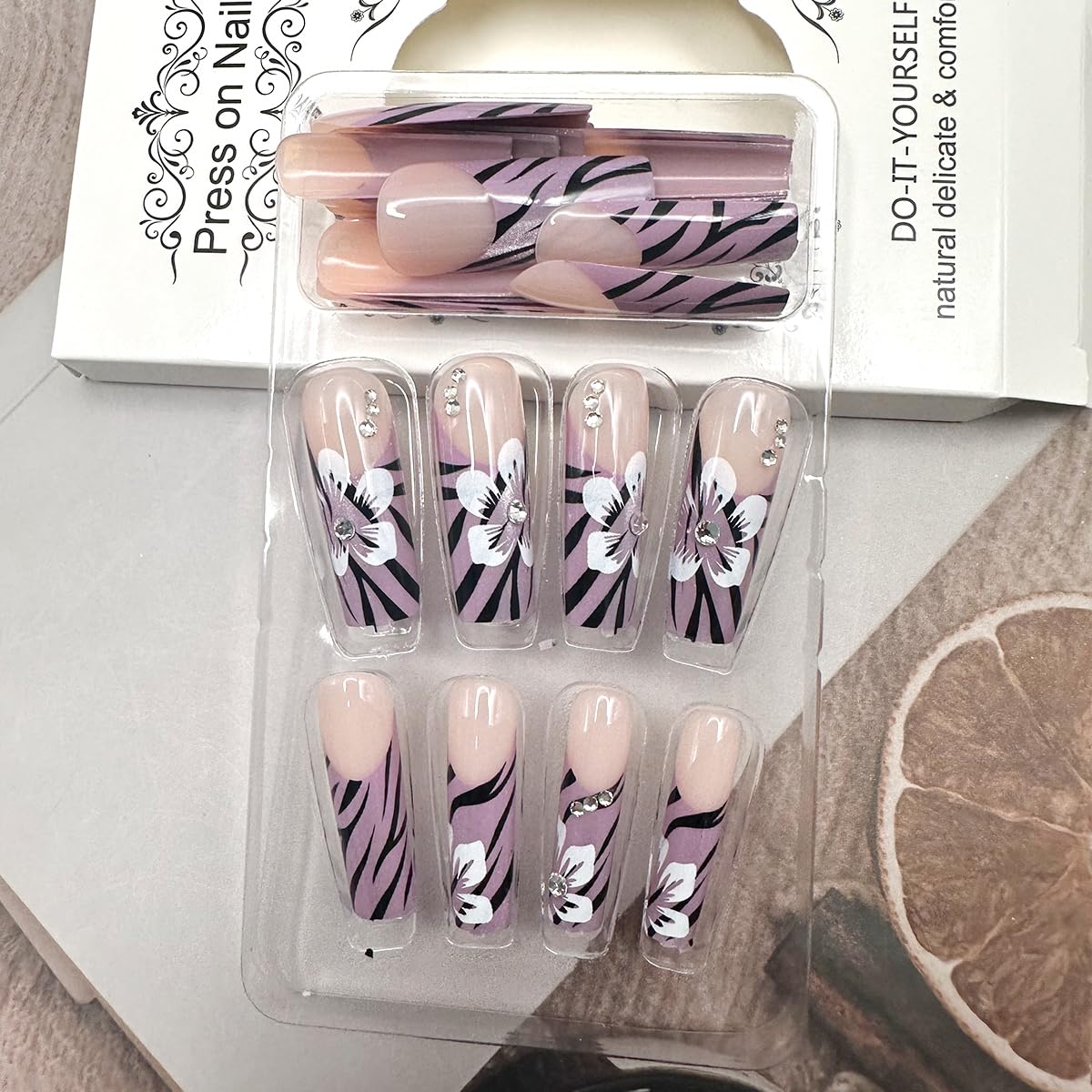 24Pcs Purple Press on Nails Long Coffin French Tip False Nails Glossy Flower Acrylic Fake Nails with Glitter Rhinestones Design Black Stripes Stick on Nails Reusable Glue on Nails for Women