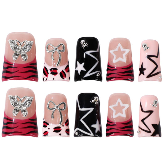 Buleens Handmade Press on Nails Acrylic Duck Nails-10pcs Short Edgy Y2K Pink Butterfly Star 3D Fake Nails Kits with Glue