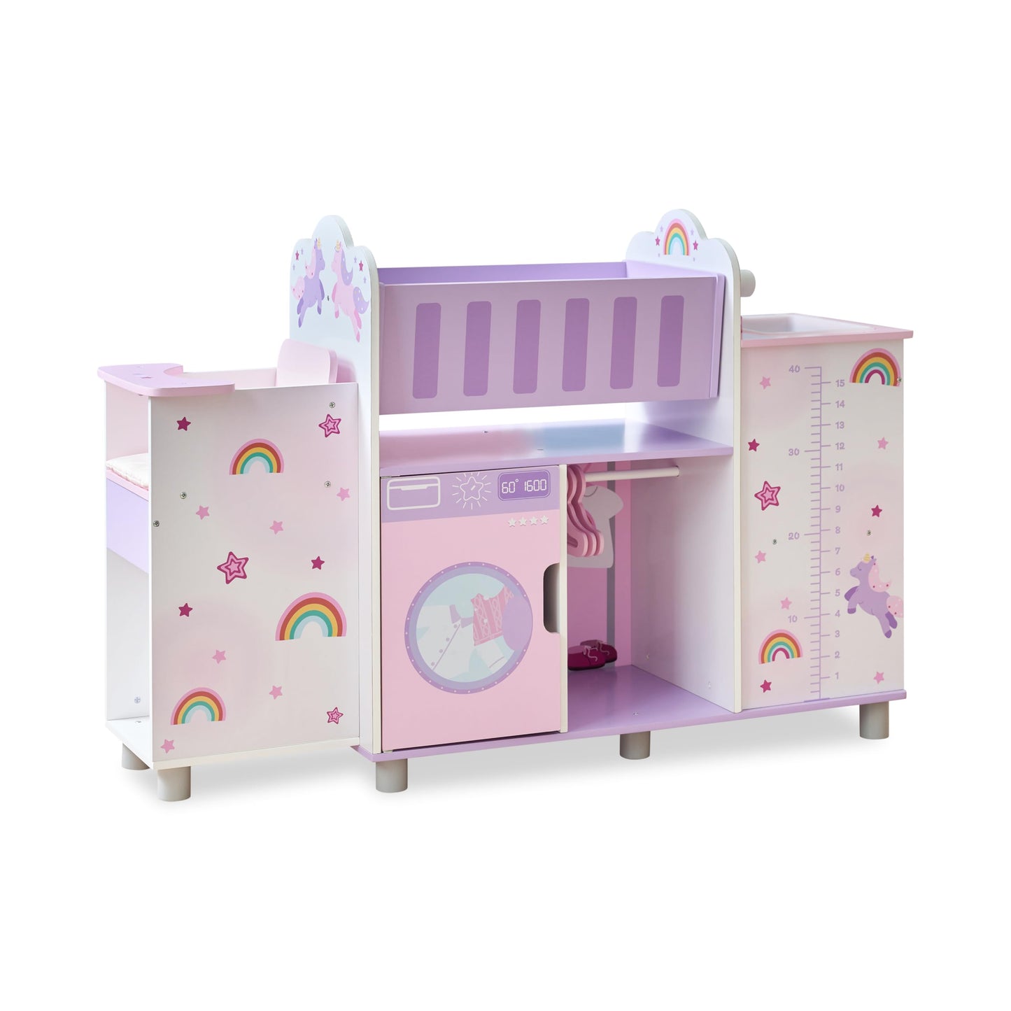 Olivia’s Little World Fantasy Care Doll Nursery 6-in-1 Unicorn Themed Baby Station with Cradle, Washer, High Chair, Sink & Closet with 3 Wooden Hangers for Pretend Play, for Girls Ages 3 and Up