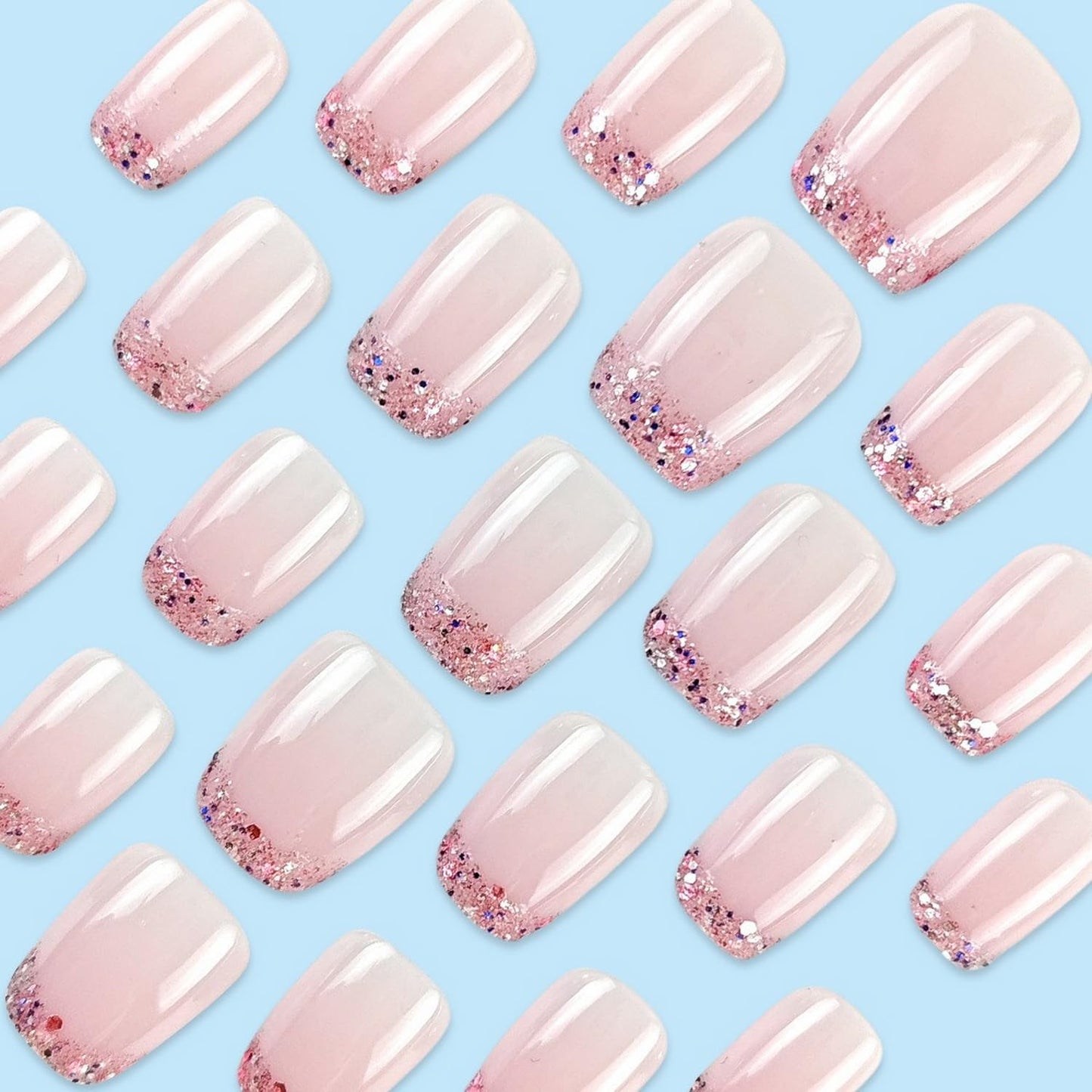 Pink French Tip Press on Nails Short Coffin OFDNE Petite Fake Nails False Nails with Designs Glitter Full Cover Glossy Glue on Nails French Manicure Acrylic Nails for Women Girls 24Pcs
