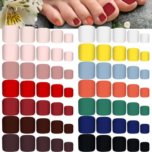 Maitys 336 Pieces 12 Sets Toenail Press on Fake Toe Nails Short Square False Glue on Solid Color Full Cover Press Nails Matte Fake Toenails for Women(Stylish Colors)
