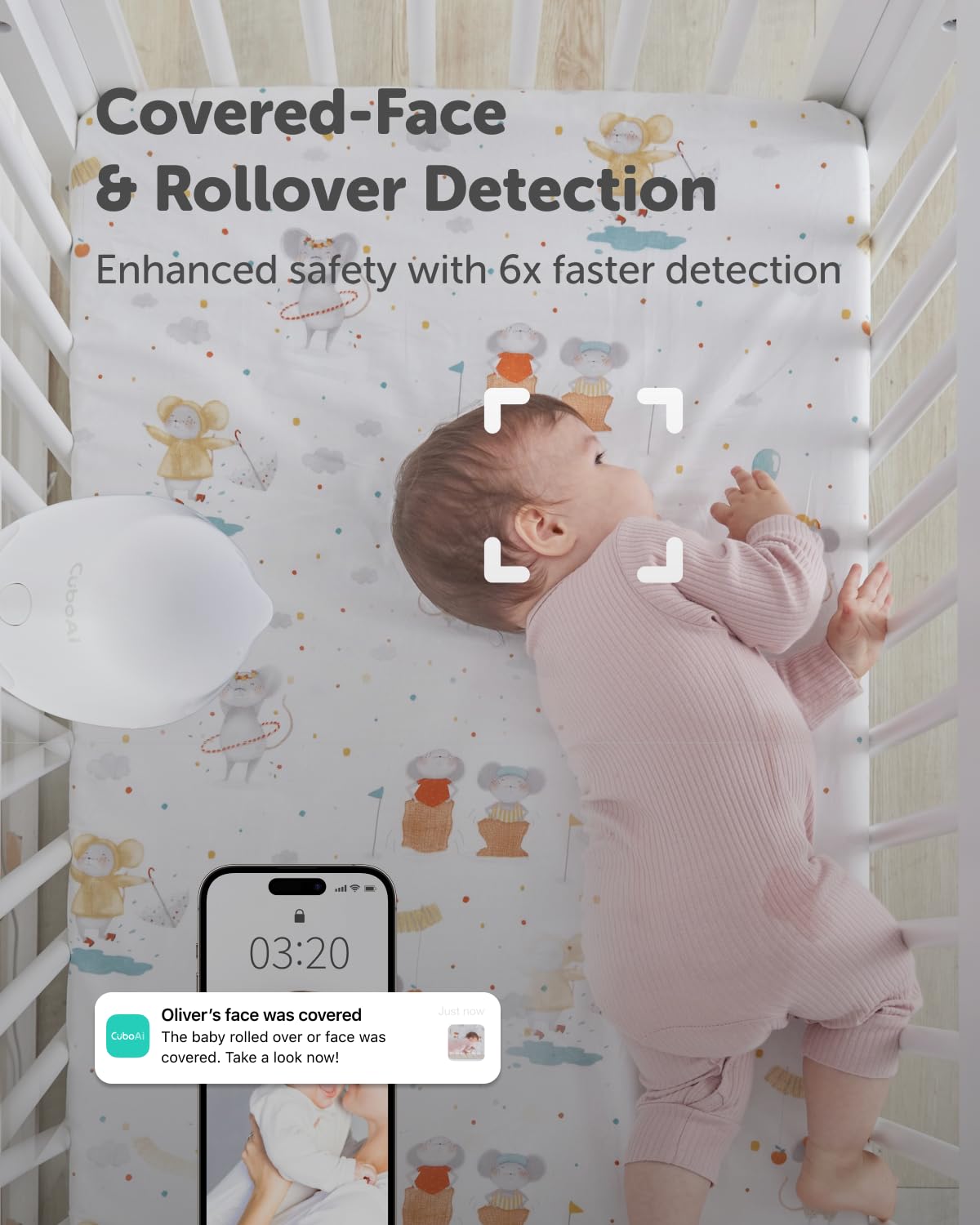 CuboAi 2025 New Model Smart Baby Monitor 3: Sleep Safety Alerts for Covered Face Rollover, 2.5K QHD Night Vision WiFi Camera, 2-Way Audio, Humidity Sensor, Lullabies. App Control (Wall Mount Set)
