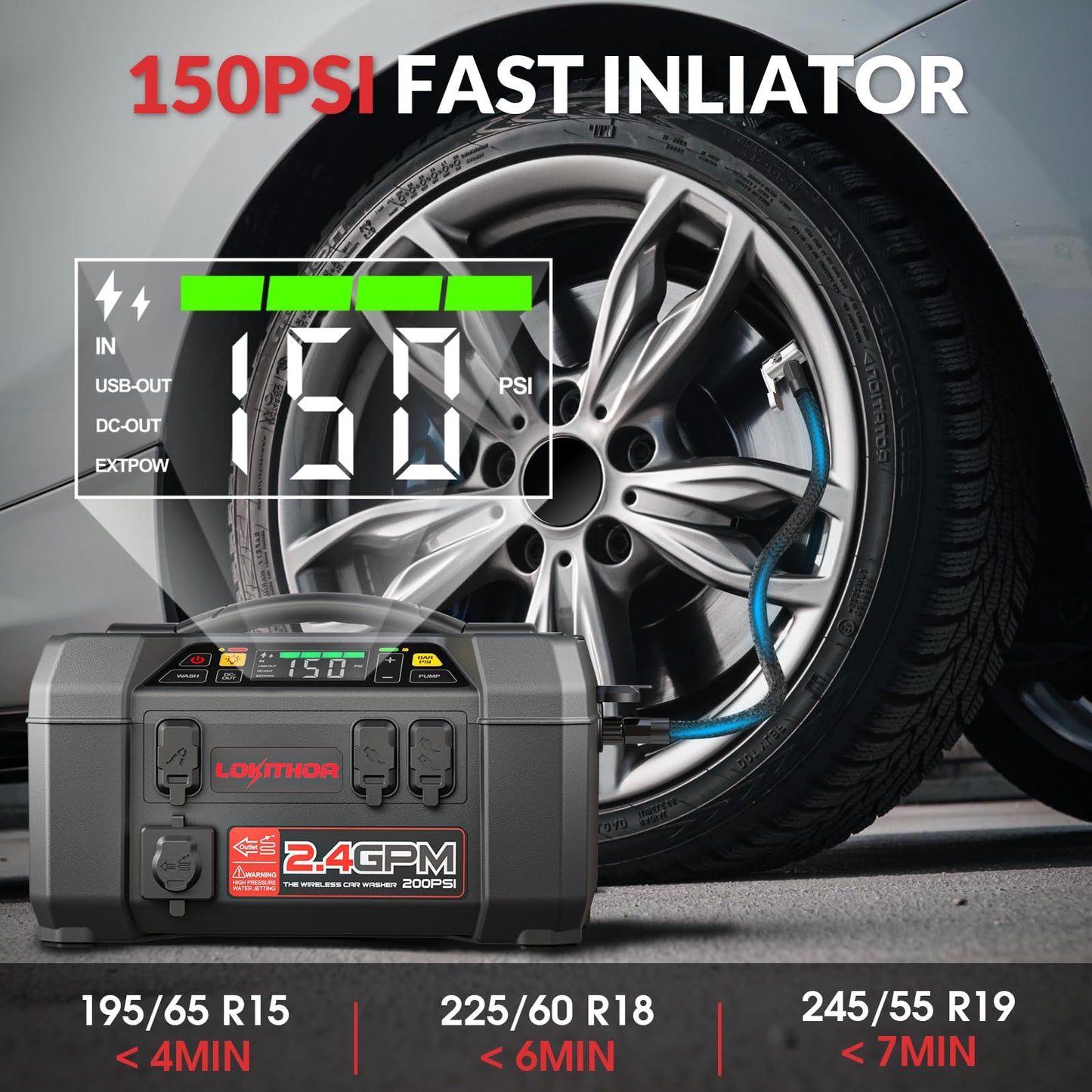 LOKITHOR JA302 2500Amp Jump Starter with 150PSI Air Compressor and AW401 2500Amp Jump Starter with 200PSI Car Washer