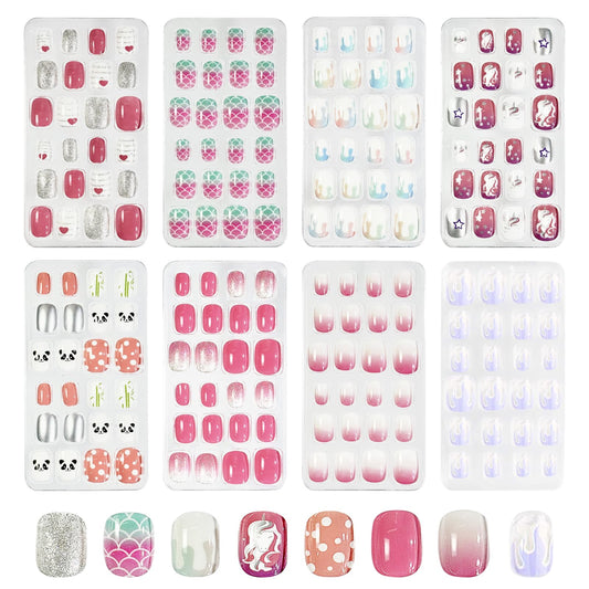 Jsiallye 192Pcs Short Press on Nails for Kids,8 Packs Children Stick on Nails Fake Nails for Kids,Pre-glue Full Cover Glitter Gradient Color Acrylic Nail Tips for 8-12 Year