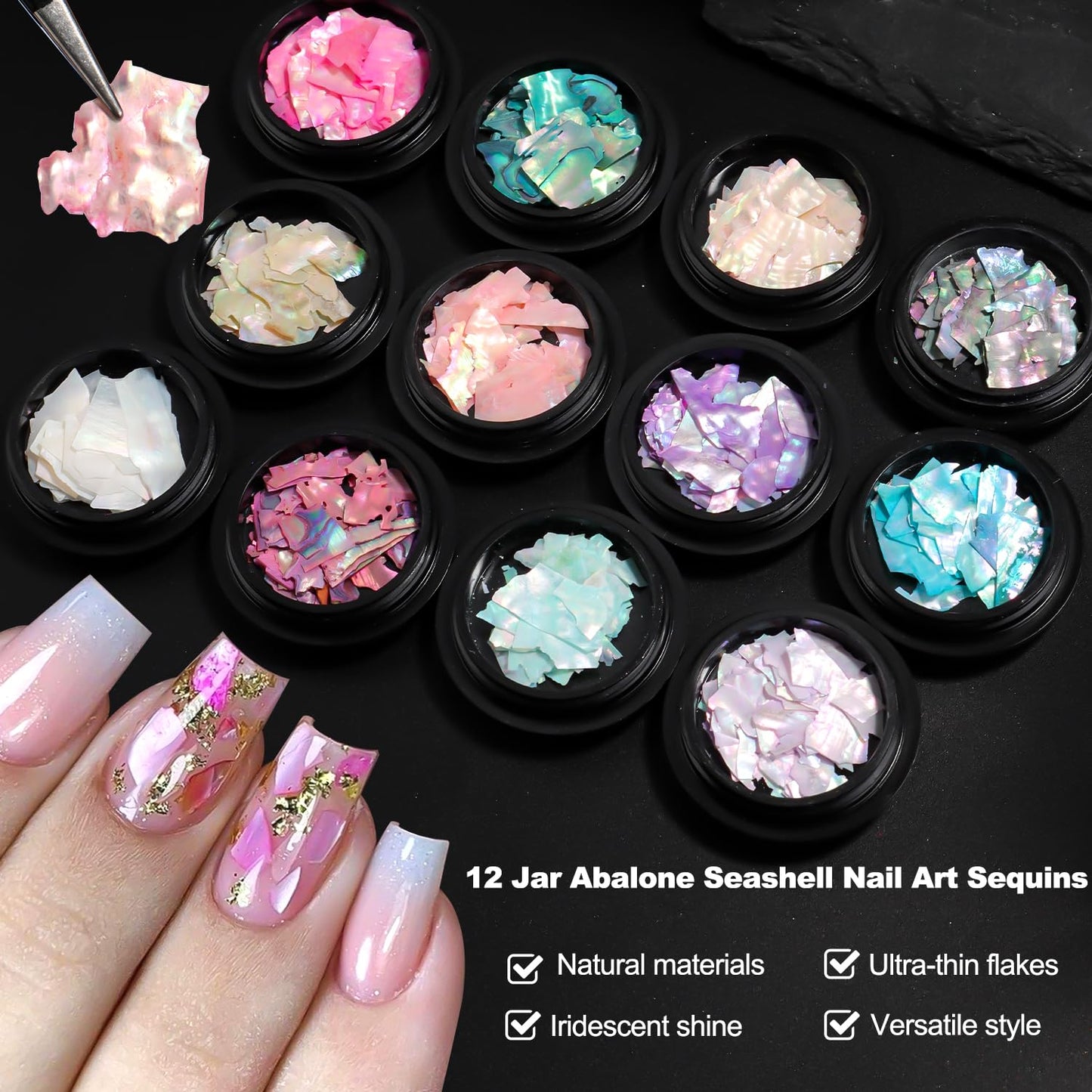 12 Jars Holographic Abalone Seashell Nail Glitter Flakes, 3D Irregular Thin Nail Art Sequins, Summer Nail Charms Mermaid Shell Slices Decorations, Manicure DIY Paillette Accessories for Women Girls
