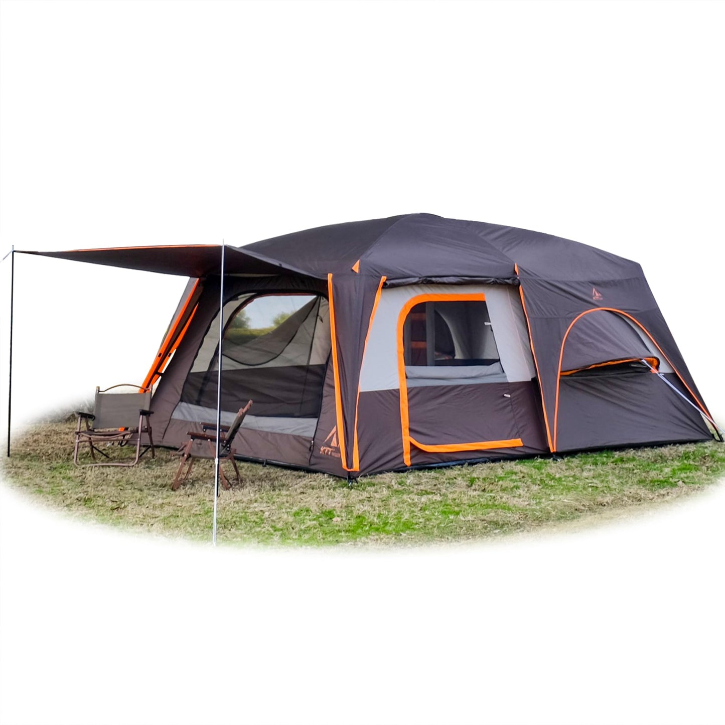 KTT Extra Large Tent 12 Person,Full Rainfly,2 Bay-Windows,Family Cabin Tent,14'Lx10'Wx6.58'H,2 Rooms and 3 Doors 3 Windows with Mesh,Waterproof,Straight Wall,Big Tent for Outdoor,Picnic,Camping