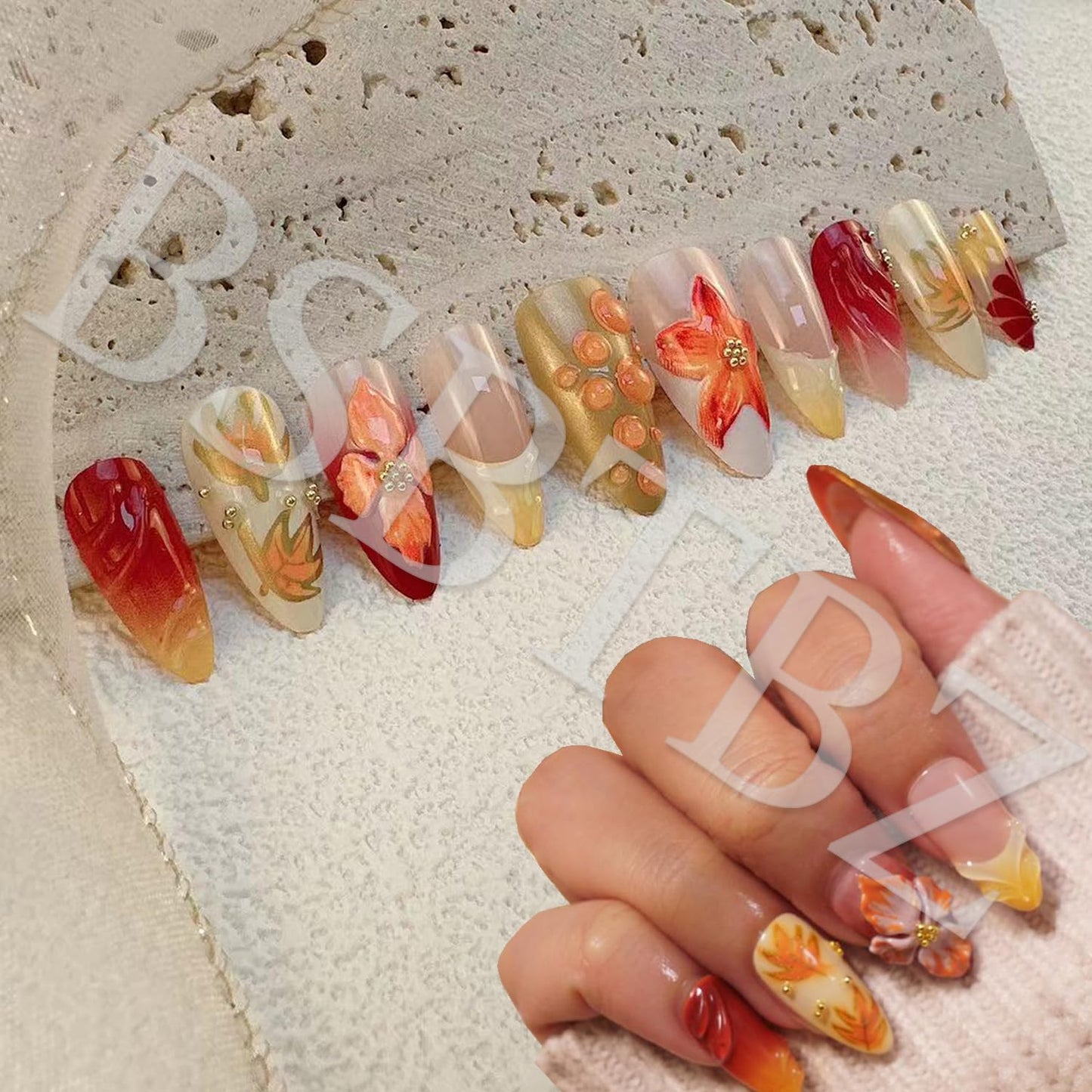 30pcs Fall Maple Leaf Press on Nails Autumn Fake Nail with 3D Floral & Gold Leaves Art in Medium French Nails Handmade Thanksgiving Nail Art for Holiday, Vacation, Birthday Nail Decoration for Women