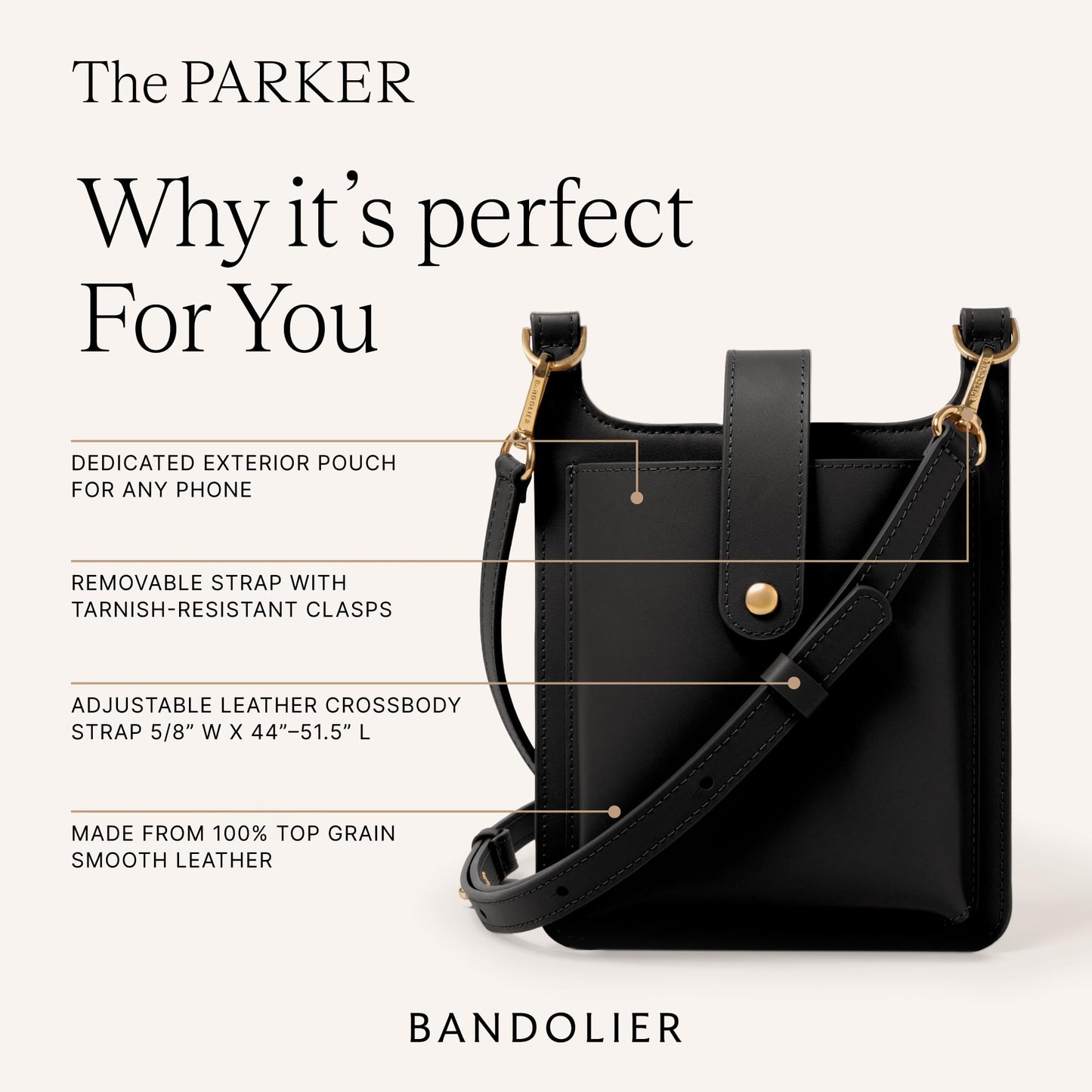 Bandolier Parker Crossbody Cell Phone Bag in Genuine Smooth Leather for Women| Adjustable Strap. Exterior Zipper Pocket for Cards. Gold Luxe Hardware