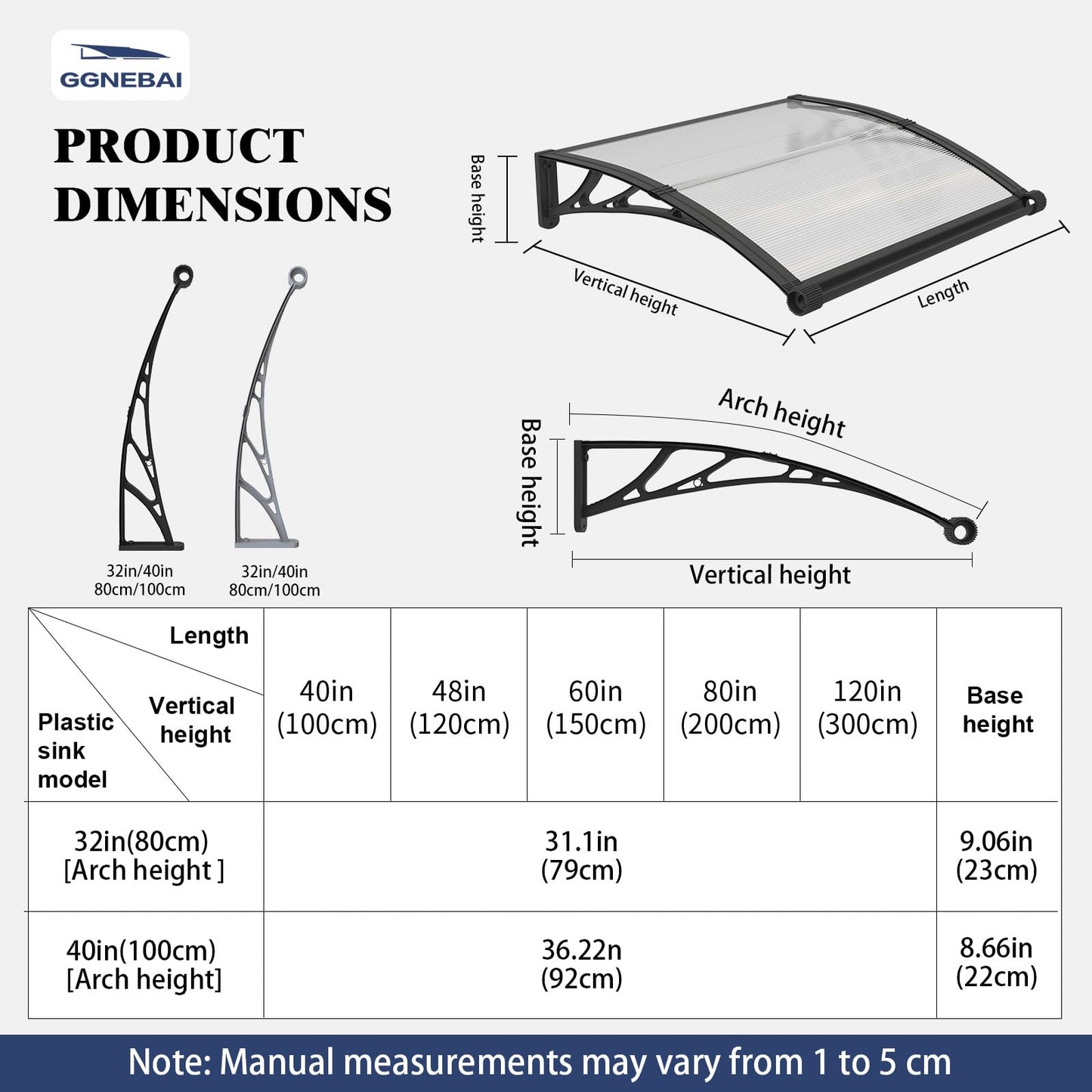 Awning for Door Entrance with Drainage Sink,40x80 Inch Awnings for Doors,Window Canopy Exterior with Plastic Steel Bracket,Polycarbonate Cover,UV,Rain,Snow Protection for House,Porch,Patio,Deck