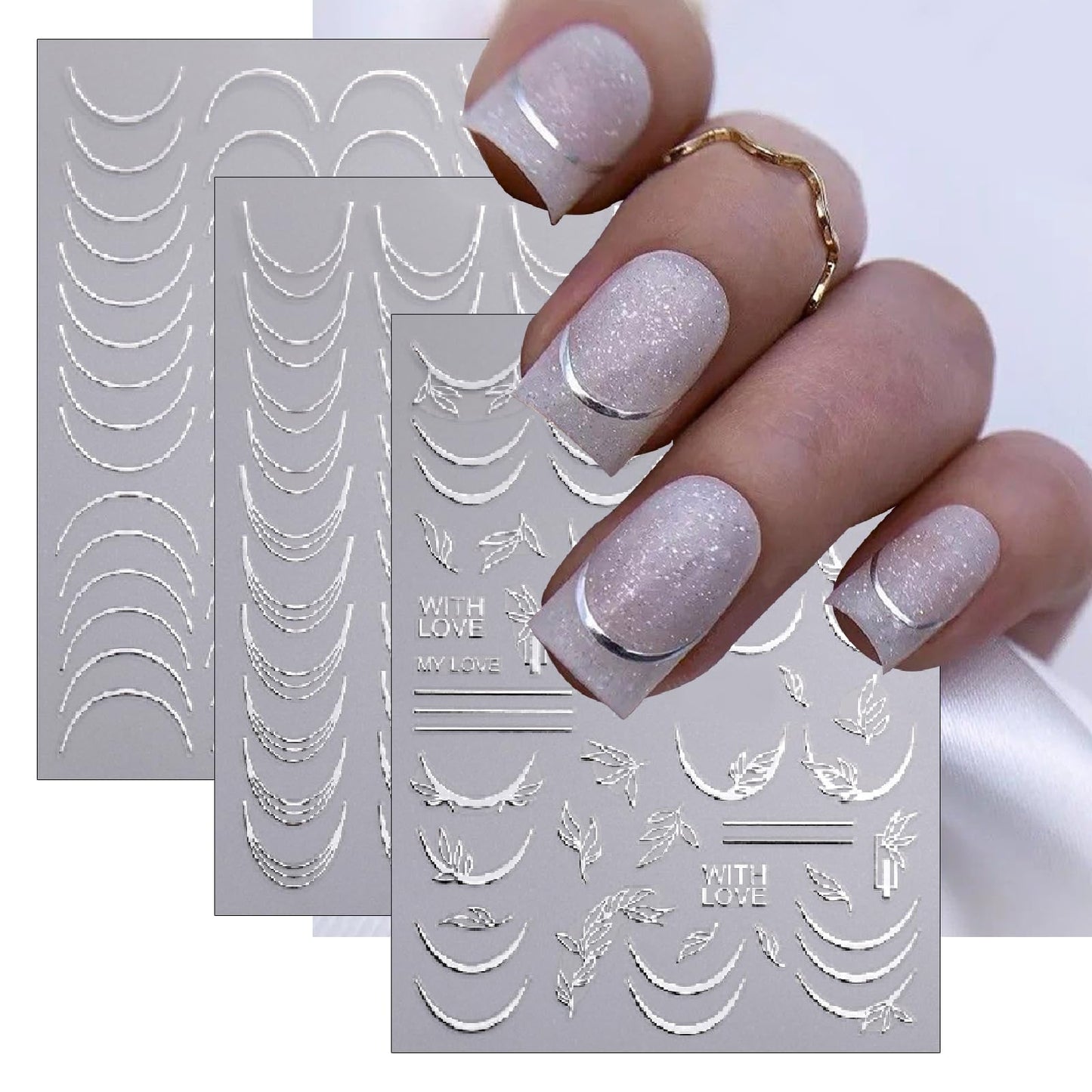 6 Sheets Lines French Tip Nail Art Stickers Gold Silver French Line Nail Decals 3D self-Adhesion Curve Lines Design French Nail Art Supplies for Women DIY Manicure Decoration