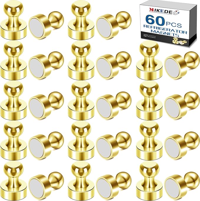 MIKEDE Whiteboard Magnets, 60Pcs Fridge Magnets Small Magnetic Push Pins Strong Magnets for Whiteboard, Gold Neodymium Refrigerator Magnet Perfect for School, Classroom,Kitchen and Map Magnet