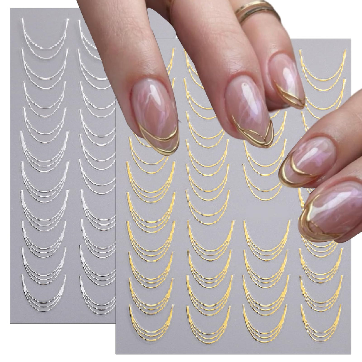 6 Sheets Lines French Tip Nail Art Stickers Gold Silver French Line Nail Decals 3D self-Adhesion Curve Lines Design French Nail Art Supplies for Women DIY Manicure Decoration