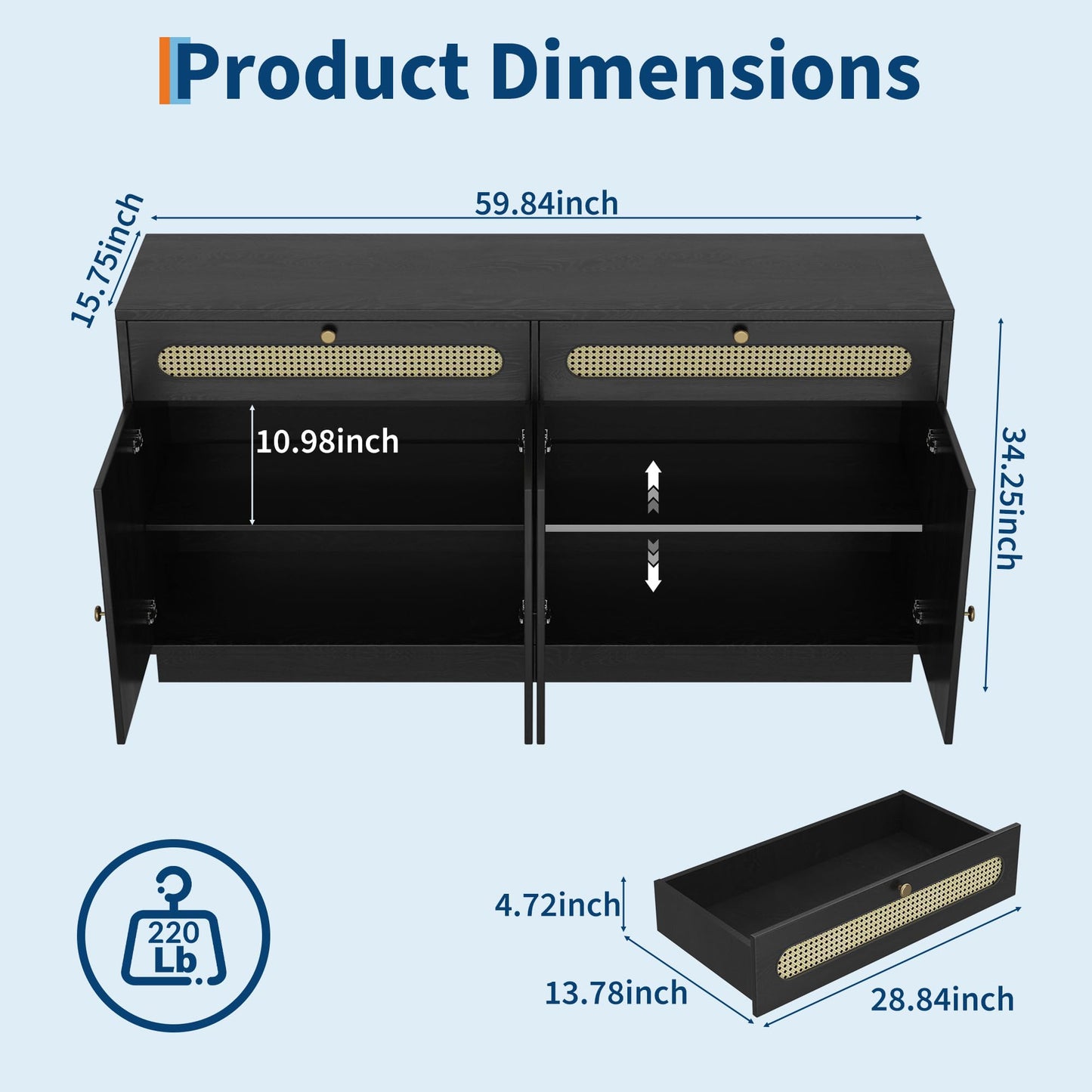 GarveeHome Buffet Sideboard, 60'' Sideboard Cabinet with 2 Drawers and 4 Rattan Doors, Rattan Sideboard with Adjustable Shelves, Black