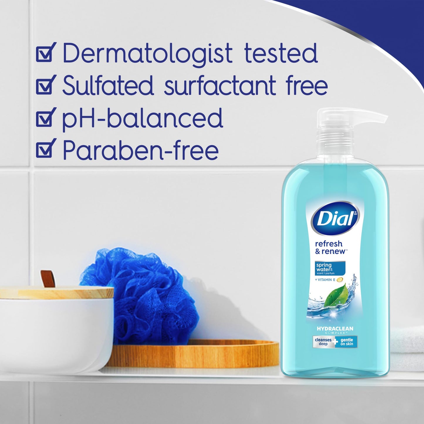 Dial Body Wash,Refresh & Renew Spring Water,23 Fl Oz,Hydraclean Complex & Vitamin E,Gentle,Leaves Skin Feeling Nourished,Dermatologist-Tested,No Parabens-& Sulfates,(Pack of 6)