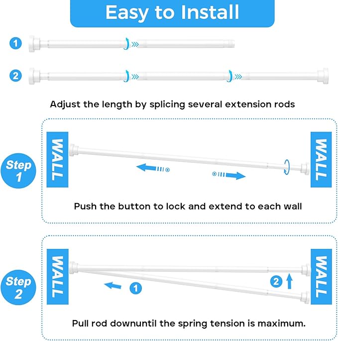 Shower Curtain Rod 31-76 Inch,0.87"Diameter Adjustable Spring Tension Curtain Rods No Drill,Ivory White Shower Tension Rod for Bathroom,Room Divider,Window,Anti-Rust Non-Slip 2-Pack