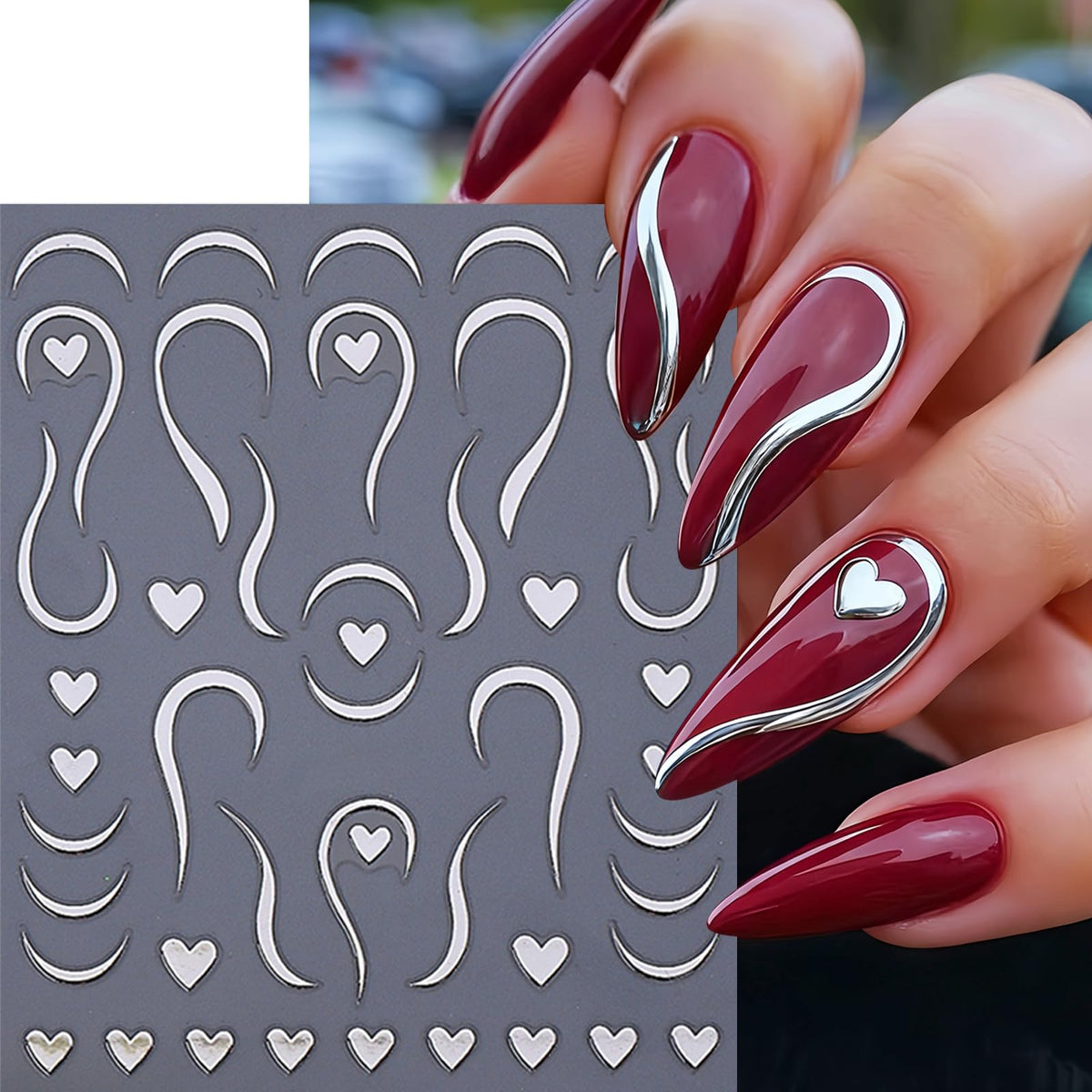 6 Sheets Valentines Day Nail Art Stickers 3D Bronzing Silver Gold Line Heart Nail Stickers Swirl Stripe French Style Nail Decals Valentines Peach Hearts Manicure Supplies for Women Nail Decoration