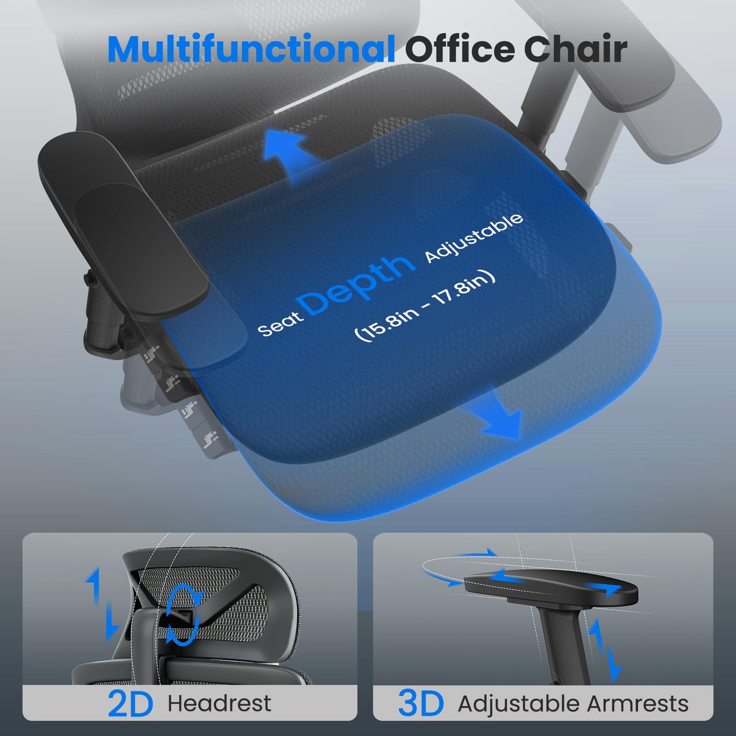 OdinLake L1 Ergo Upgrade 518 Grey Ergonomic Mesh Office Chair – Big & Tall 350lbs, Adjustable Lumbar Support, Seat Depth, Height, Headrest, Armrests, High Back Desk Chair