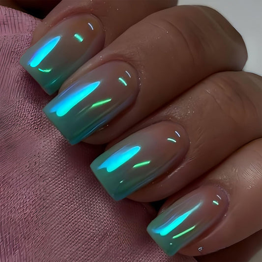 SINHOT Square Press on Nails - Short Fake Nails, Glossy Finish, Pink Blue Gradient & Bling, DIY Artificial False Nail Art - 24 Pcs Nail Kit with Glue