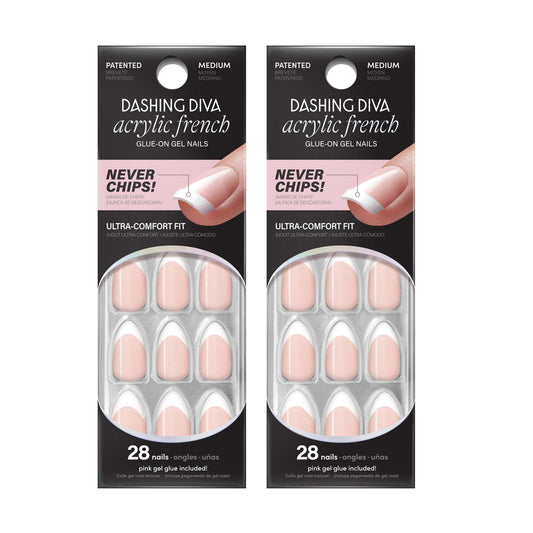 Dashing Diva Sculpted Acrylic French Tip Manicure Bundle - Classic Nude, Medium Almond - Salon Quality, Easy to Apply, Long-Lasting Press-On Nails - Contains 2 Sets of 28 Glue On Nails