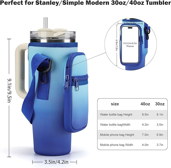 GOEWY Water Bottle Carrier Bag for Stanley 40/30 oz Tumbler with Phone Pocket Neoprene Water Bottle Holder with Shoulder & Handheld Strap Stanley Cup Accessories