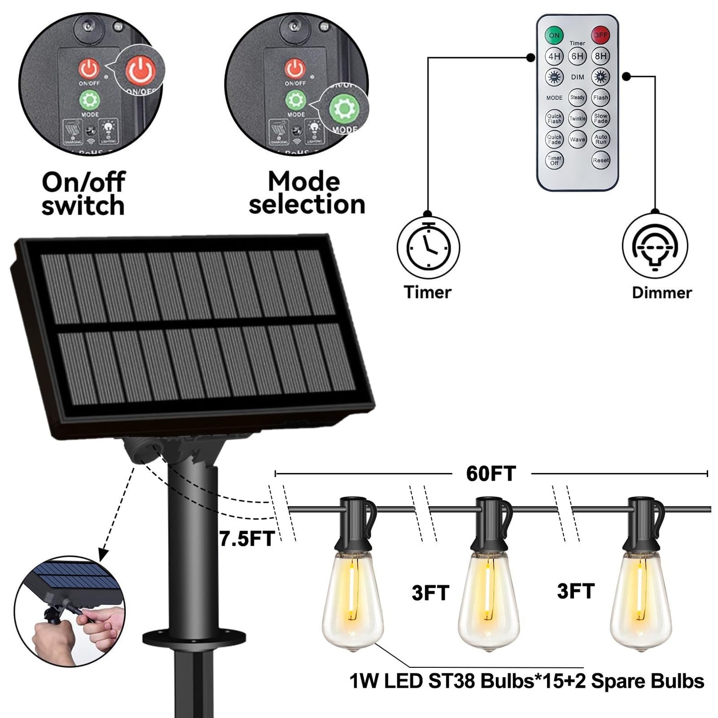Stright 60FT Solar String Lights Outdoor Weatherproof with Remote, Solar Powered LED Edison Bulb 15 Sockets Outdoor String Lights for Outside Patio Backyard Fence Halloween Christmas Decorations