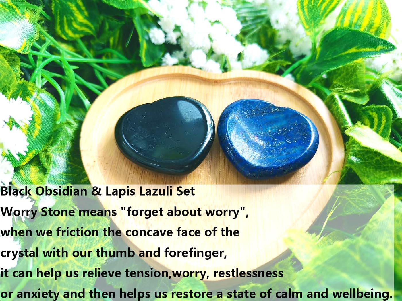 QINJIEJIE 2PCS Worry Stones for Anxiety Lapis Lazuli Black Obsidian Crystals Thumb Heart Crystal Palm Polished Gemstone Pocket Massage Natural Gem Stress Relief Item Reiki Meditation Gift for Women