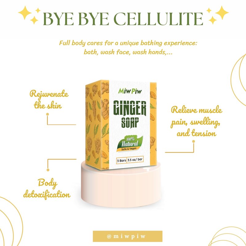 Miw Piw Ginger Soap Lymphatic Drainage Pack 3 - Anti-Cellulite Skin Tightening - Natural Ingredients Detox Soaps for Deep Clean Shower, Detoxification, Rejuvenating