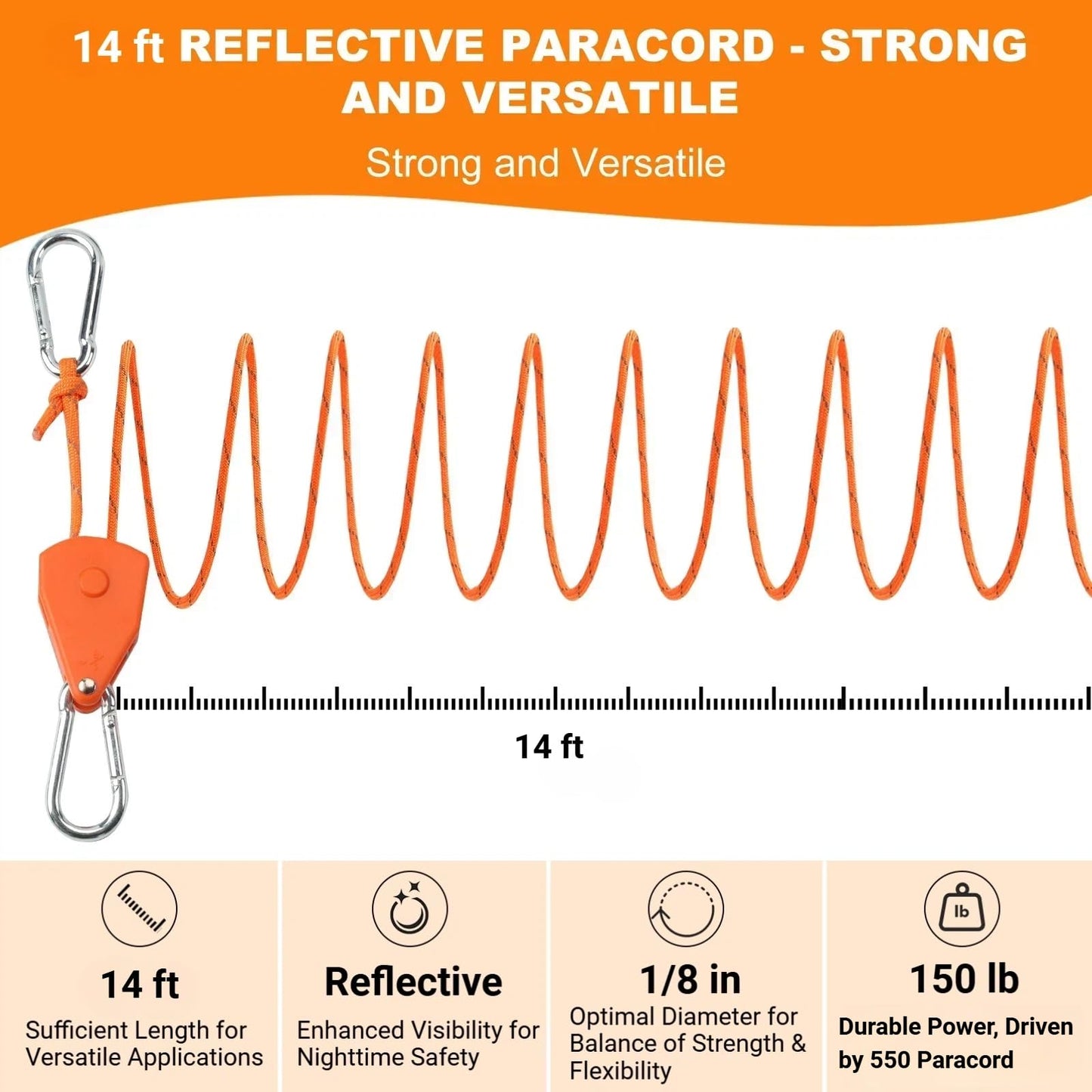 Longer 14ft Retractable Paracord Rope Tie Down Ratchet Strap Small Straps Mini Rope Cam Lock Tent Canopy Tie Down Adjustable Outdoor Windproof Tightener Tensioner Hanger Grow Light 4 Pack 1/8""