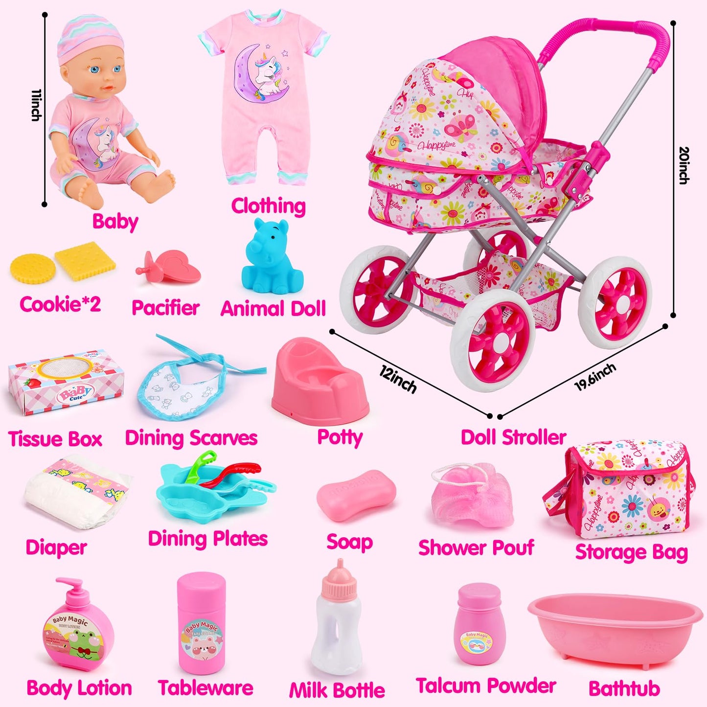 Baby Doll Stroller Set Toys for Girls Toddlers 3-5 4-6 5-7, Baby Doll Playset with 11" Doll, Bathtub and 20PCS Baby Doll Accessories, Baby Stroller Toys for 2 3 4 5 Year Old Girls Birthday Gifts