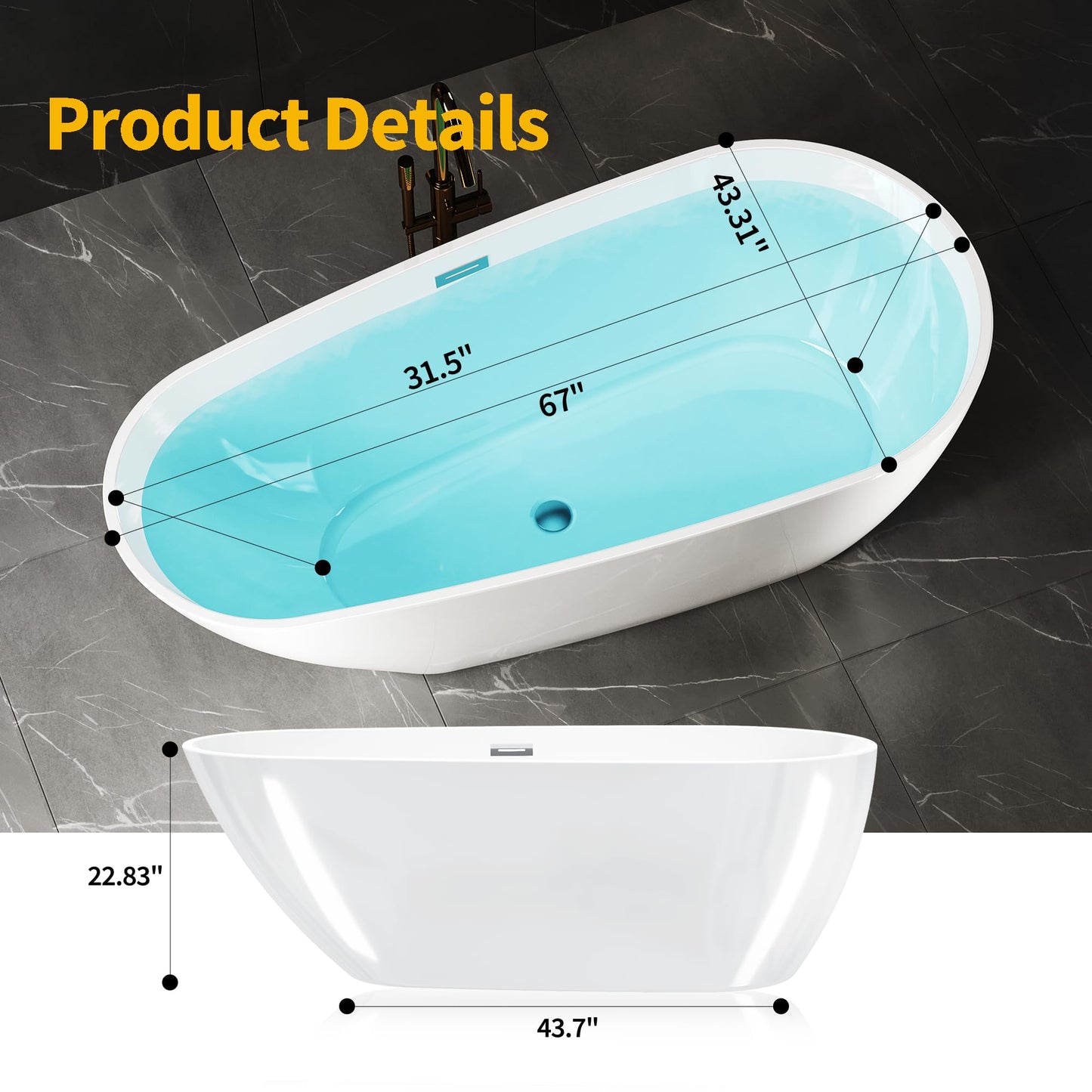 67" Deep Soaking Bathtub, Non-Slip Acrylic Tub with Chrome Drain, cUPC Certified, Ergonomic Modern Bath for Bathrooms, Easy-Install, White Pearl