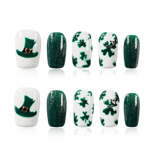 Tesytto Medium Coffin Press On Nails, Green Glitter & White Fake Nails with 3D Green Hat & Clover Print, Handmade Acrylic Nails Glossy Full Cover False Nails (Size S)