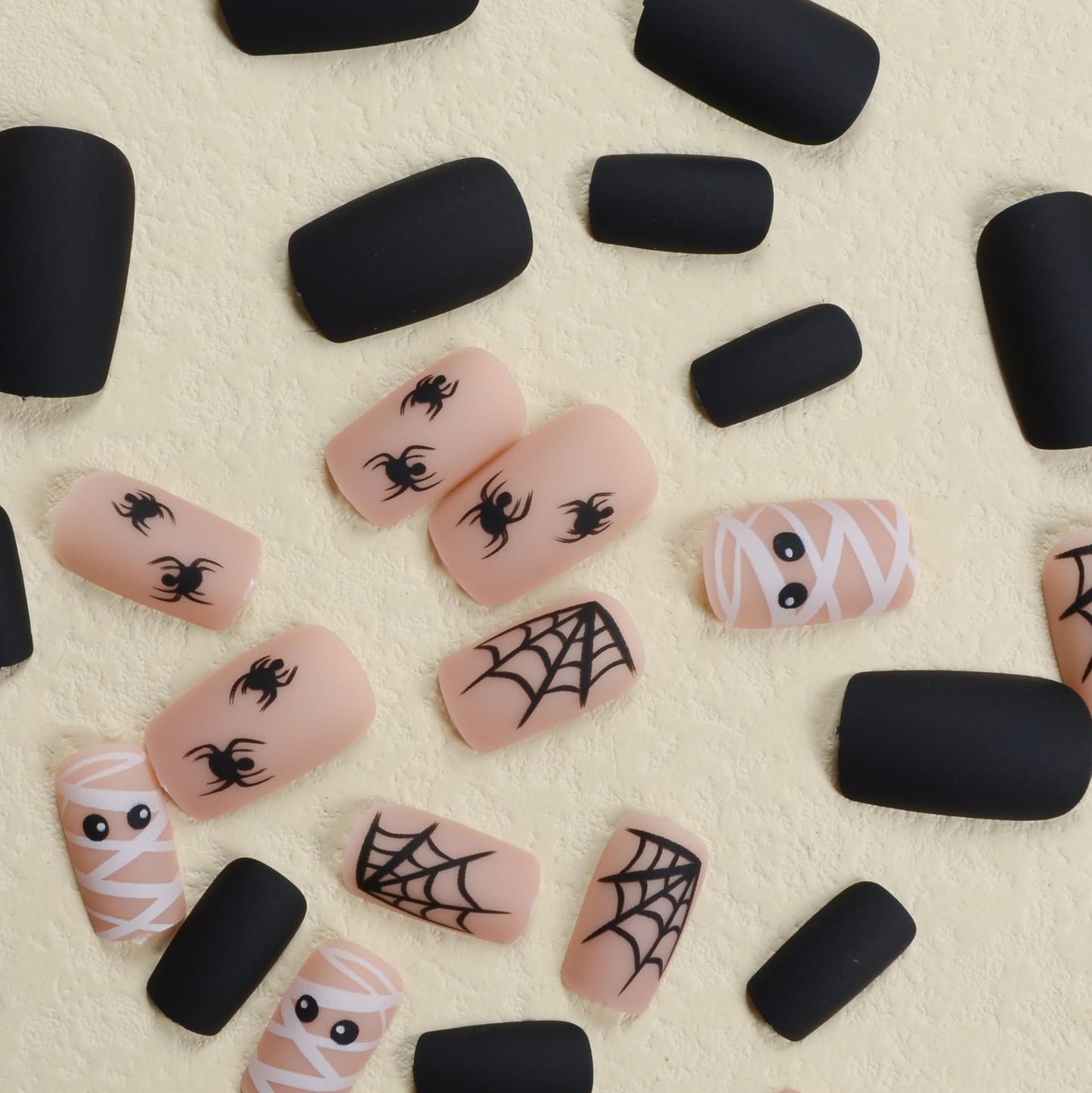 Halloween Press on Nails Short Square Fake Nails with Spiders Web Designs, Cute Halloween Glue on nails for Women Girls, Matte Halloween Acrylic False Nails for Women